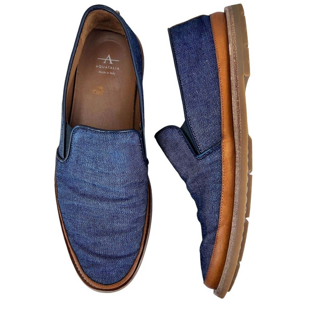 Aquatalia Zayn Blue Denim Mens Shoes Loafers Slip-On Weatherproof Italy Size 11